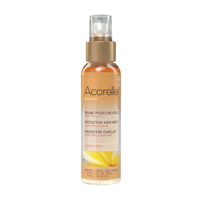 Frasco do protetor capilar Acorelle 100ml, destacando a embalagem e o rótulo com informações sobre proteção solar e ingredientes naturais.