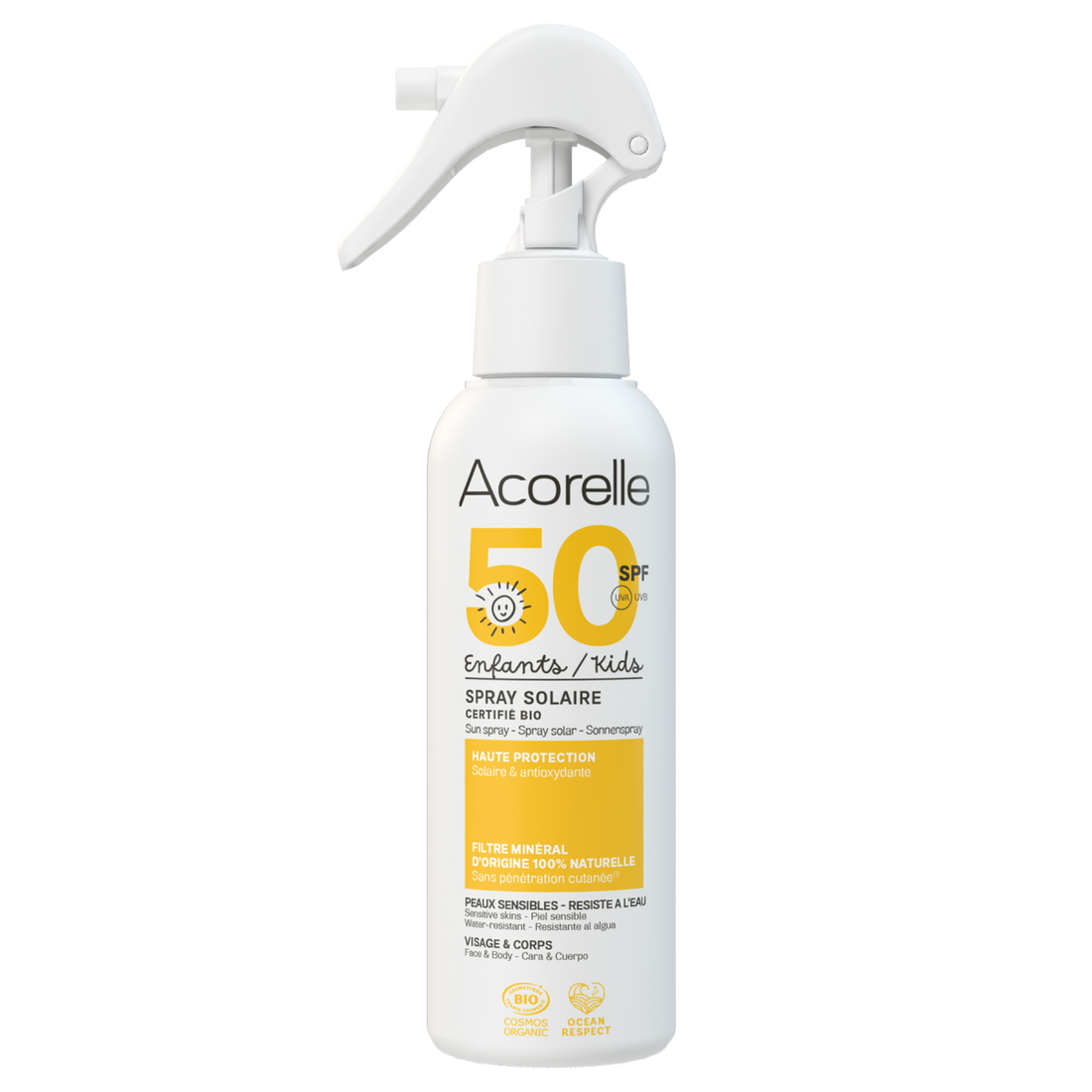 Frasco de protetor solar Acorelle SPF50+ para crianças, com spray, destacando a proteção solar alta, ingredientes naturais e certificação orgânica.