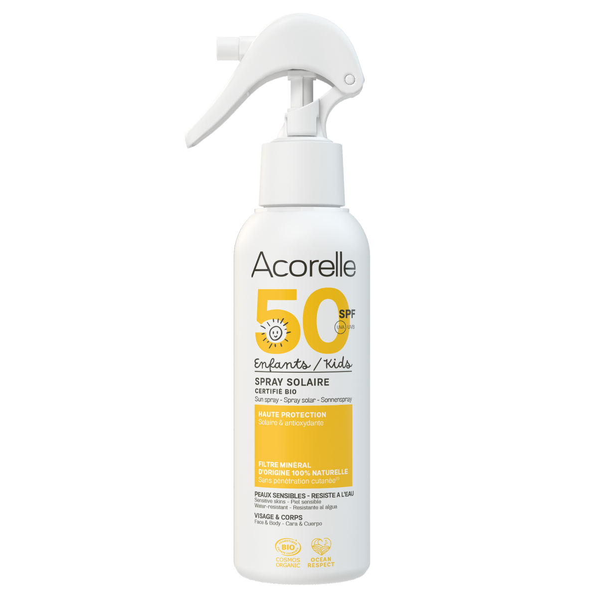 Frasco de protetor solar Acorelle SPF50+ para crianças, com spray, destacando a proteção solar alta, ingredientes naturais e certificação orgânica.