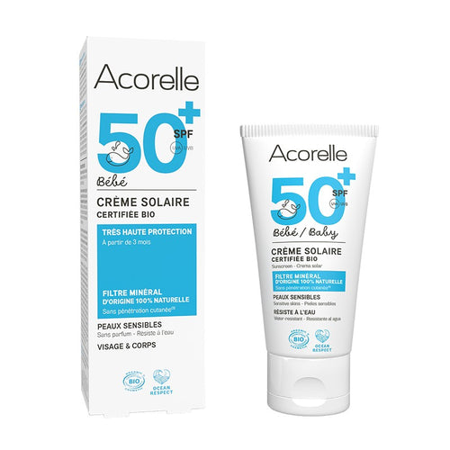 Embalagem exterior e bisnaga do protetor solar mineral Acorelle SPF50+ para bebé e criança de 50ml.