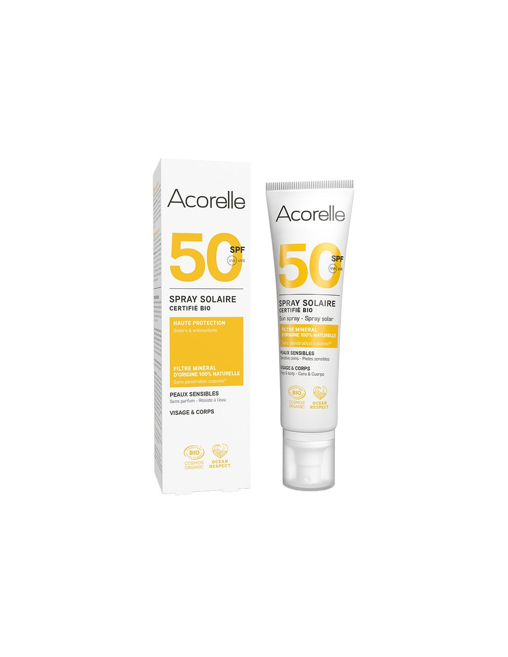 Embalagem e tubo de spray do protetor solar mineral Acorelle SPF50 para peles sensíveis em fundo branco.