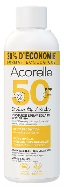 Frasco de Acorelle Protetor Solar Recarga para crianças SPF50+ 150ml, destacando o formato ecológico e a proteção solar para peles sensíveis.