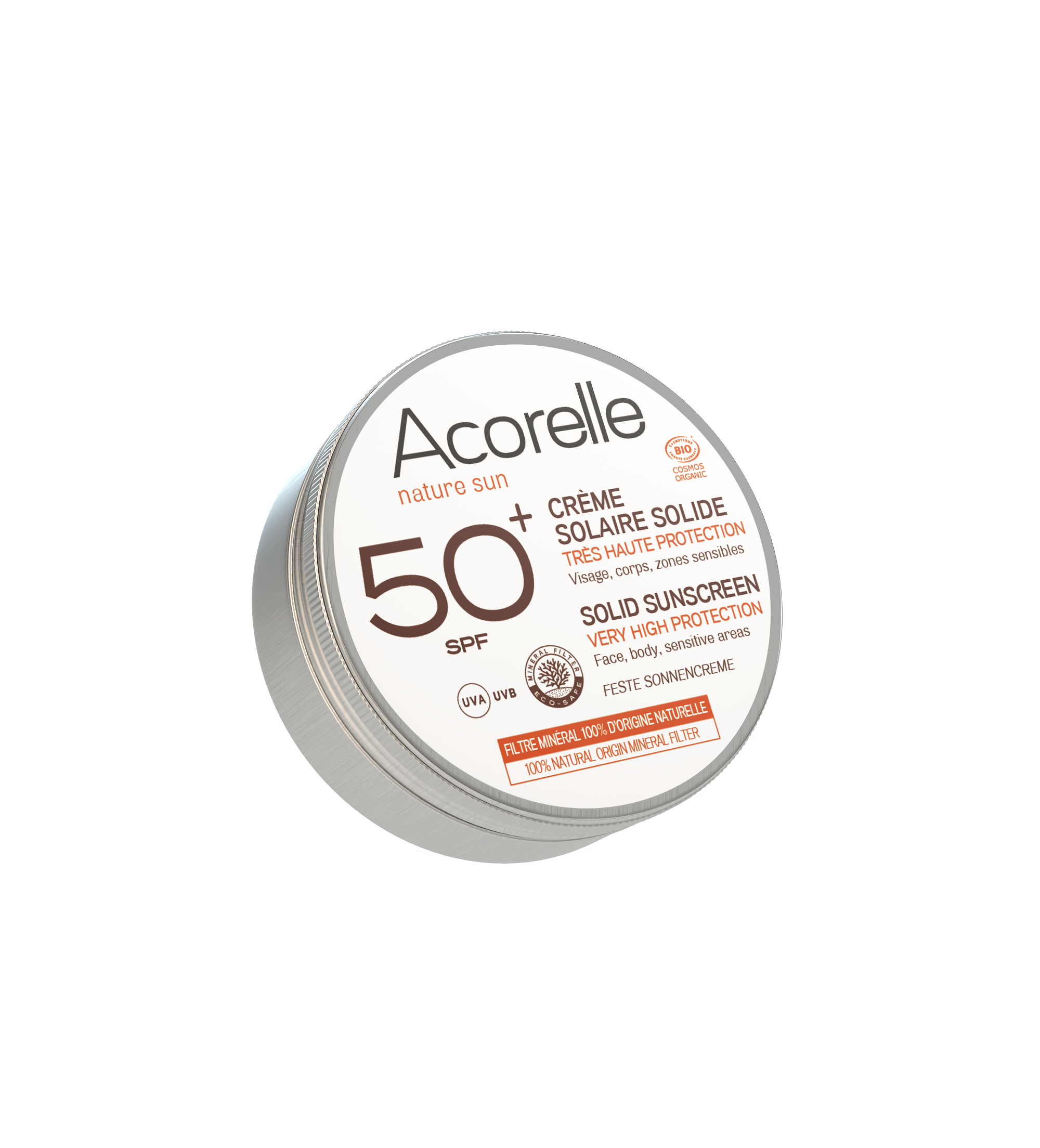 Protetor solar sólido Acorelle SPF50+ em embalagem de alumínio, com indicação de proteção UVA/UVB e certificação orgânica.