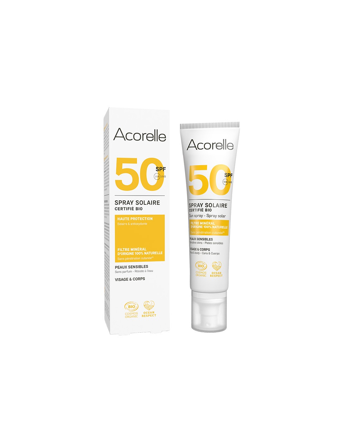 Embalagem do protetor solar Acorelle SPF50 para peles sensíveis, mostrando o spray e o tubo do produto.