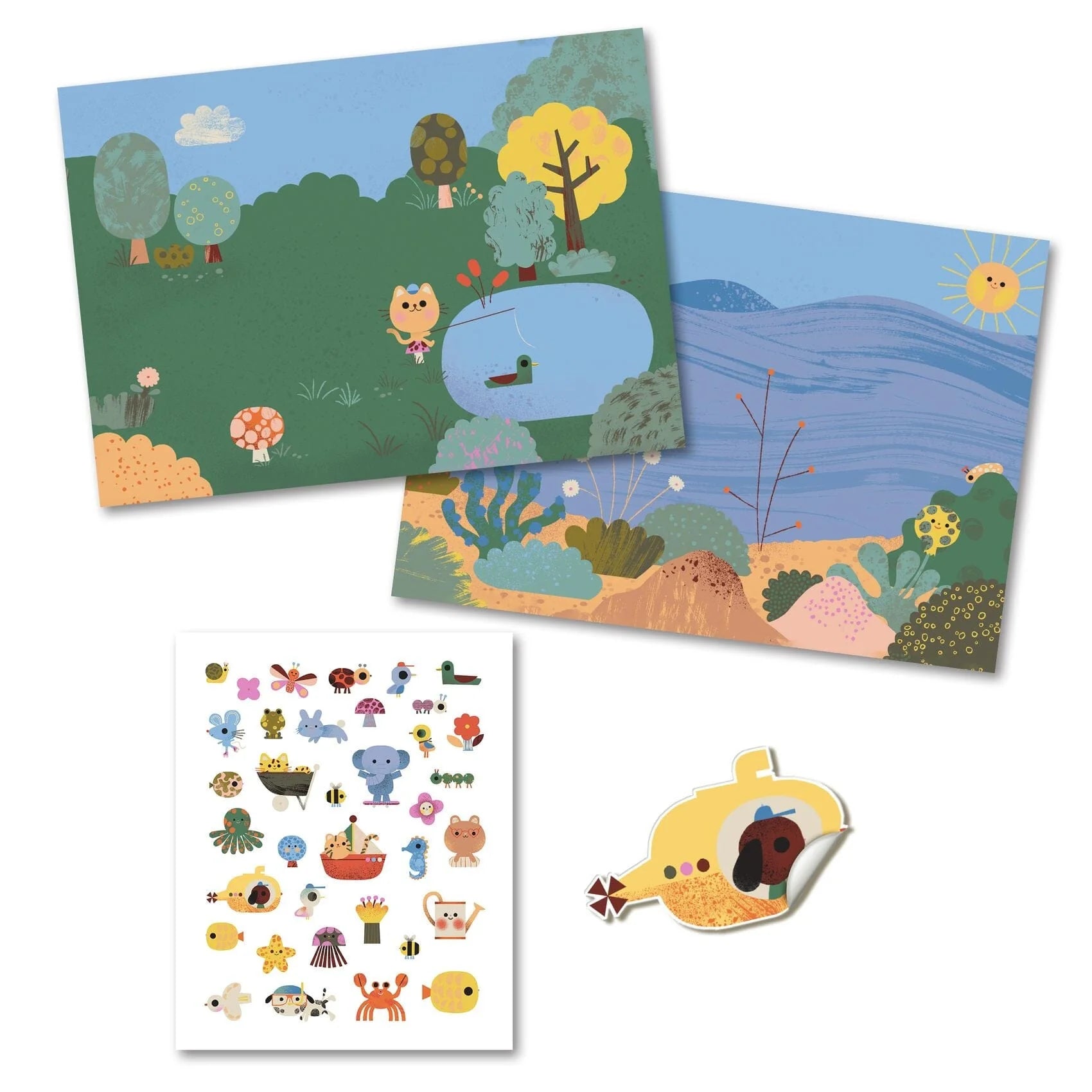 Conteúdo do conjunto Djeco Autocolantes Reposicionáveis - Verão, exibindo os dois cenários ilustrados (um terrestre/lago e um marinho/costa) e uma folha com diversos autocolantes de verão e um autocolante individual de submarino.