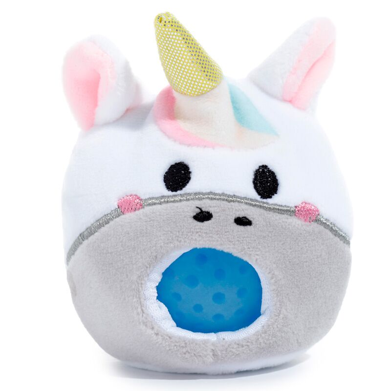 Close-up of a single Adoramals Queasy Squeezies Unicorn plush toy, showing the blue textured ball in its mouth.