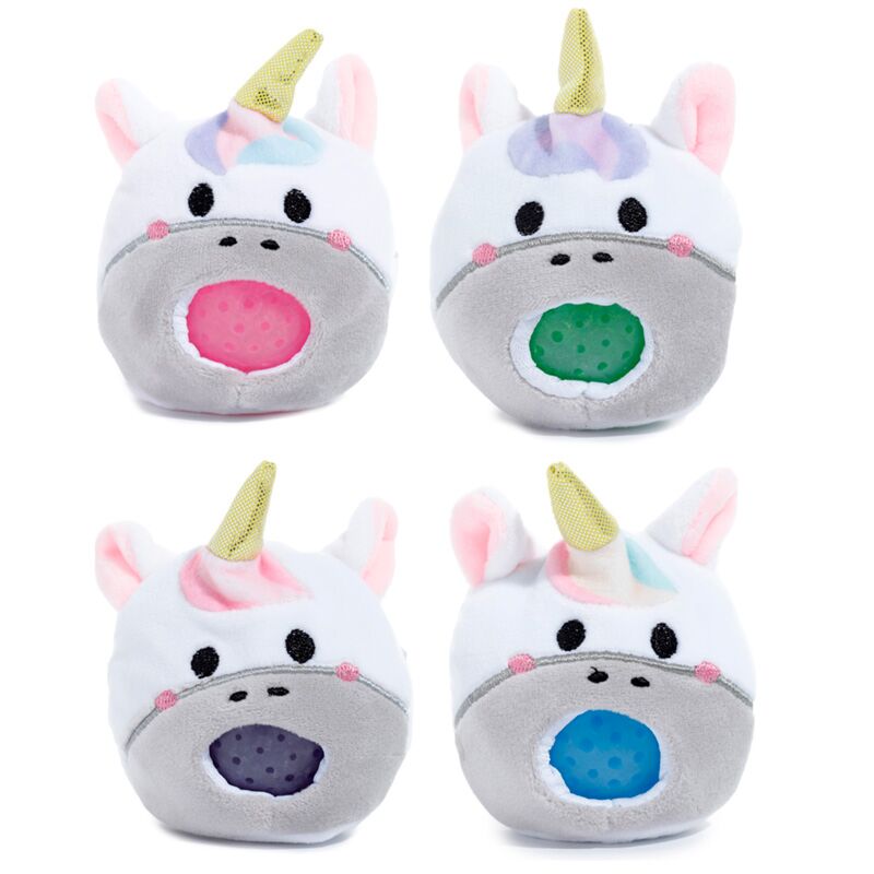 Close-up of four Adoramals Queasy Squeezies Unicorn plush toys, each with a different colored textured ball visible in their mouths.