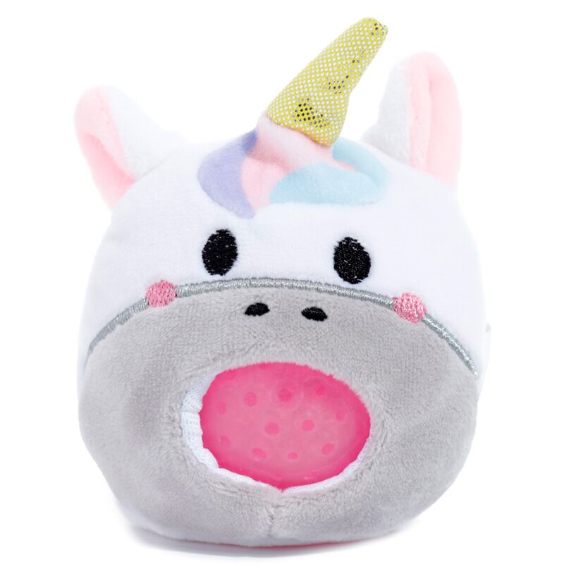 Close-up of a single Adoramals Queasy Squeezies Unicorn plush toy, showing the pink textured ball in its mouth.