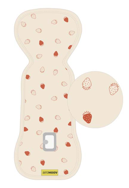 Capa AirLayer 3D Aeromoov para Grupo 2/3 com padrão de morangos vermelhos e contorno. Ampliação do padrão à direita.