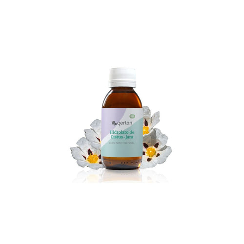 Frasco de spray de vidro âmbar de 125ml de Água Floral Cistus Jara Gotu, com rótulo botânico minimalista, fundo branco.