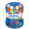 Estojo de aguarelas Carioca com 24 cores vibrantes e pincel incluído em caixa azul.