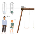 Gráfico comparativo da altura do baloiço de madeira com referência à altura de uma criança para segurança e conforto.