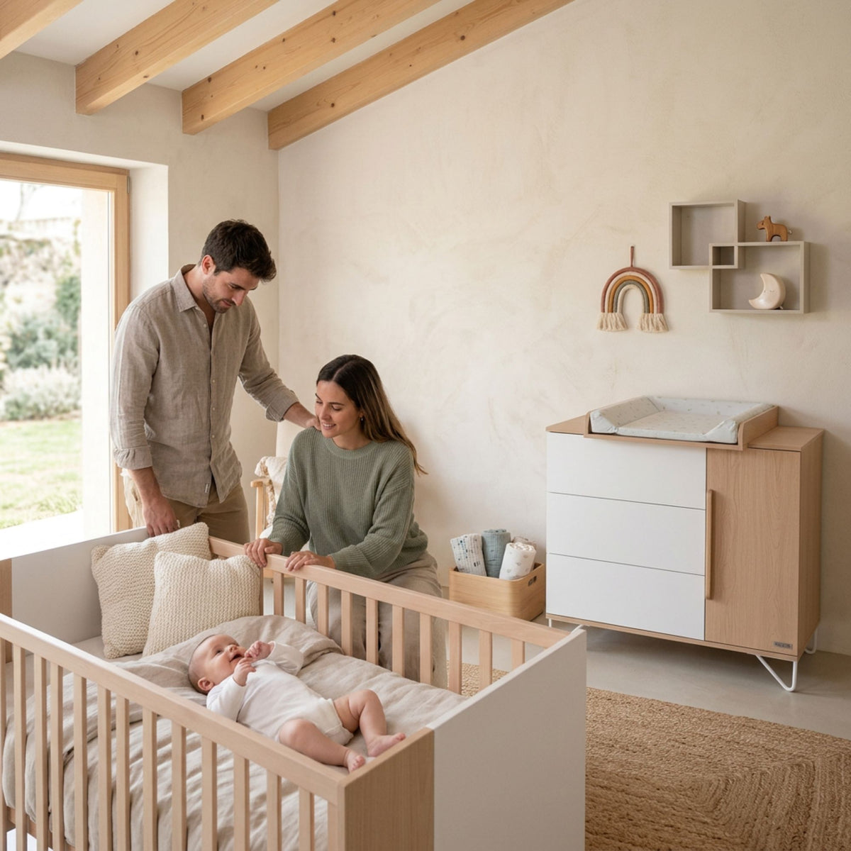Micuna Amaia Cómoda CO-2024 num quarto de bebé com os pais a olhar para o bebé deitado no berço.
