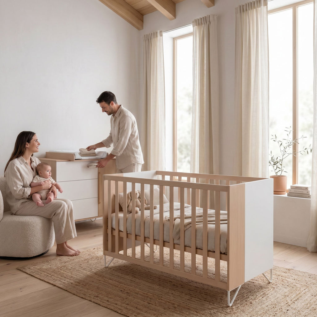 Micuna Amaia Berço 120x60 em Madeira / Branco num quarto de bebé luminoso, com os pais e o bebé ao lado do berço.