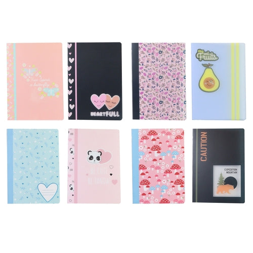 Conjunto de oito cadernos Ancor A4 com capa PP, exibindo a variedade "COOL MIX" de estampas, incluindo corações, panda, abacate e cogumelos.