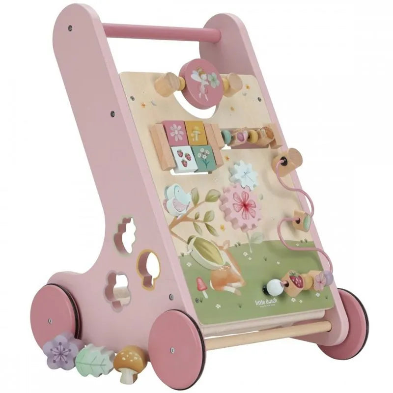 Andarilho de madeira cor-de-rosa da Little Dutch com painel de atividades temático Fairy Garden, rodas grandes e puxador.