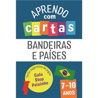 Capa do jogo de cartas Aprendo com Cartas Bandeiras e Países da Editora Fábula, mostrando o logótipo, o título e a faixa etária de 7-10 anos.
