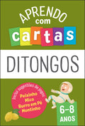 Capa do livro/baralho "Aprendo com Cartas - Ditongos", com ilustrações coloridas, um astronauta e a indicação de idades 6-8 anos.