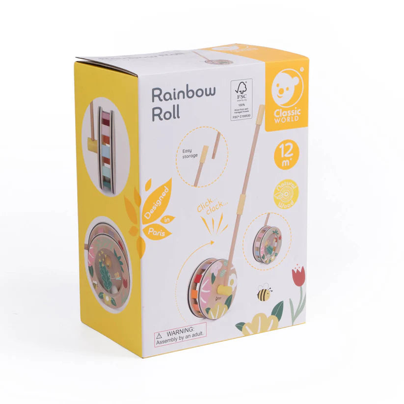 Embalagem do Classic World Rolo Arco Íris de empurrar, mostrando o brinquedo de madeira, o selo FSC e a idade recomendada de 12+ meses.
