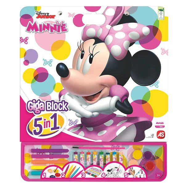 Embalagem do Bloco Gigante 5 em 1 com a personagem Minnie Mouse, destacando os materiais de arte.