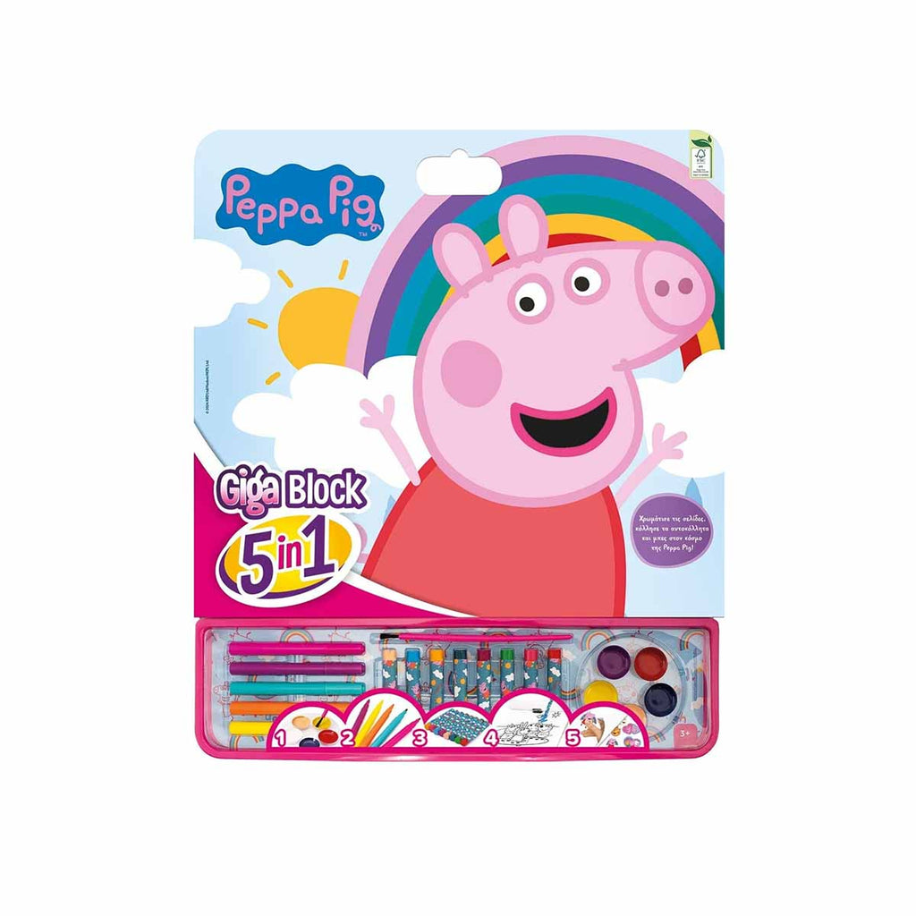 Embalagem do Bloco Gigante 5 em 1 com a personagem Peppa Pig, mostrando os materiais incluídos.