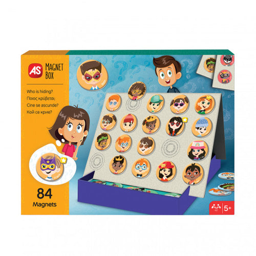 Caixa do jogo "AS Jogo Quem é quem magnético" mostrando o tabuleiro com ímanes de personagens humanos e o logótipo AS Magnet Box.
