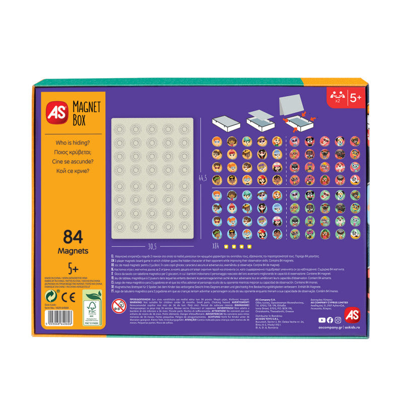 Verso da caixa do jogo "AS Jogo Quem é quem magnético" com especificações, dimensões, e amostra dos 84 ímanes incluídos.