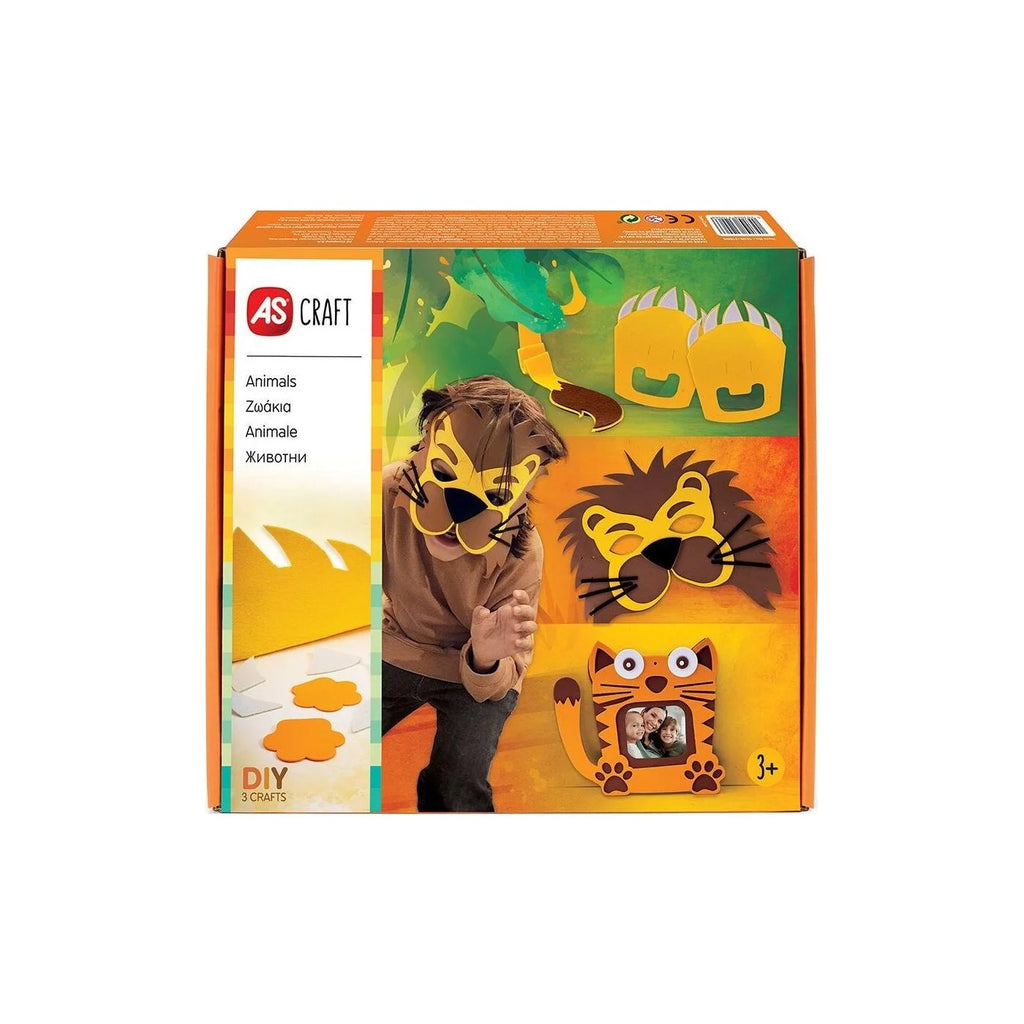 Caixa do AS Kit de artesanato DIY Animais, mostrando um menino com máscara de leão e exemplos de outros projetos como garra e porta-retrato de gato.
