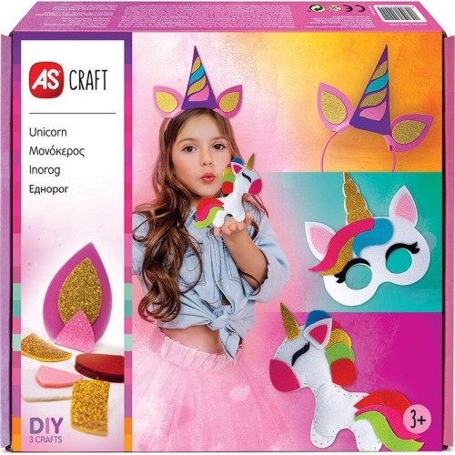 Caixa do AS Kit de artesanato DIY Unicórnio, mostrando uma criança a usar um acessório e os 3 projetos finais: tiara, máscara e peluche unicórnio.
