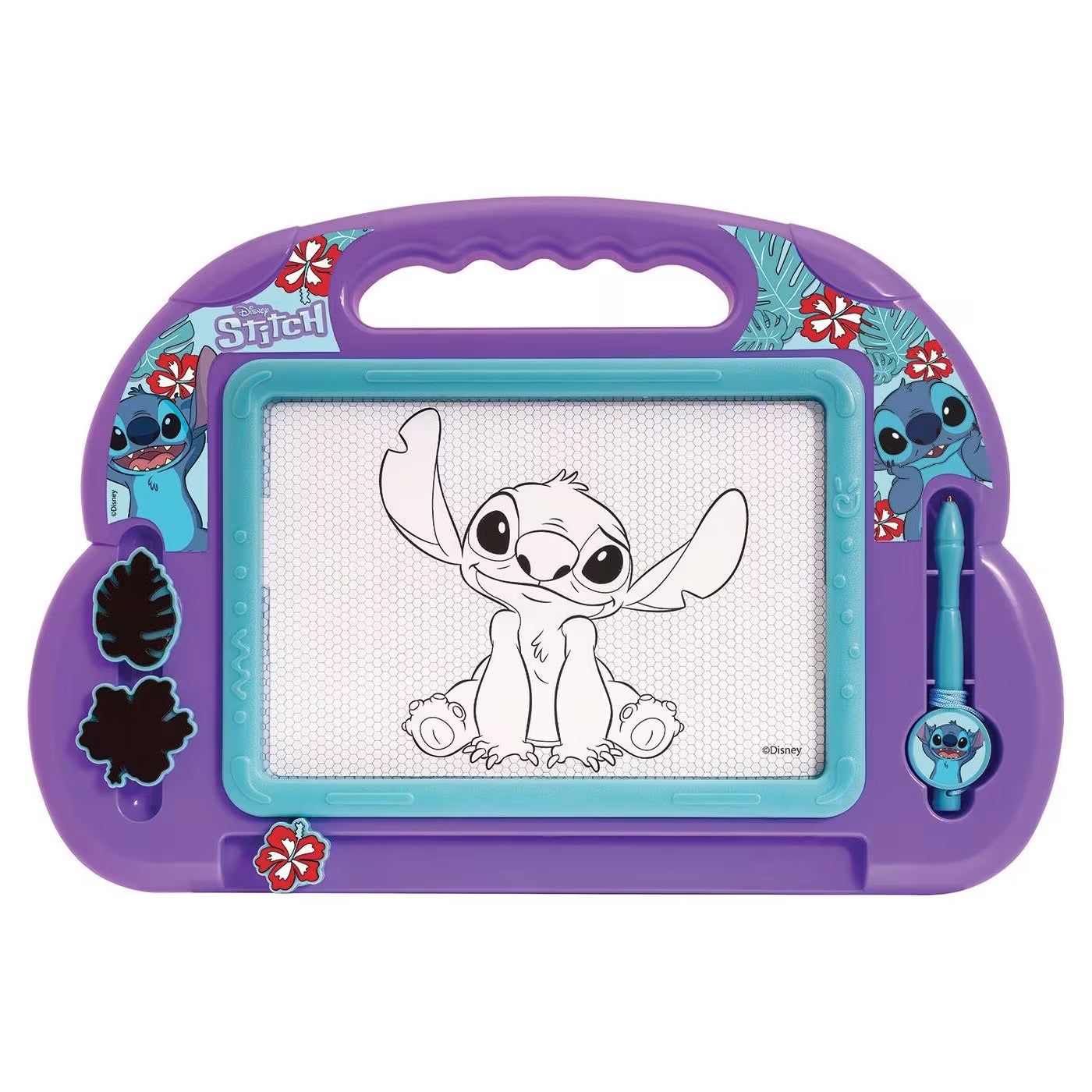 Quadro magnético roxo do Stitch exibindo um desenho grande e nítido do personagem Stitch no centro.