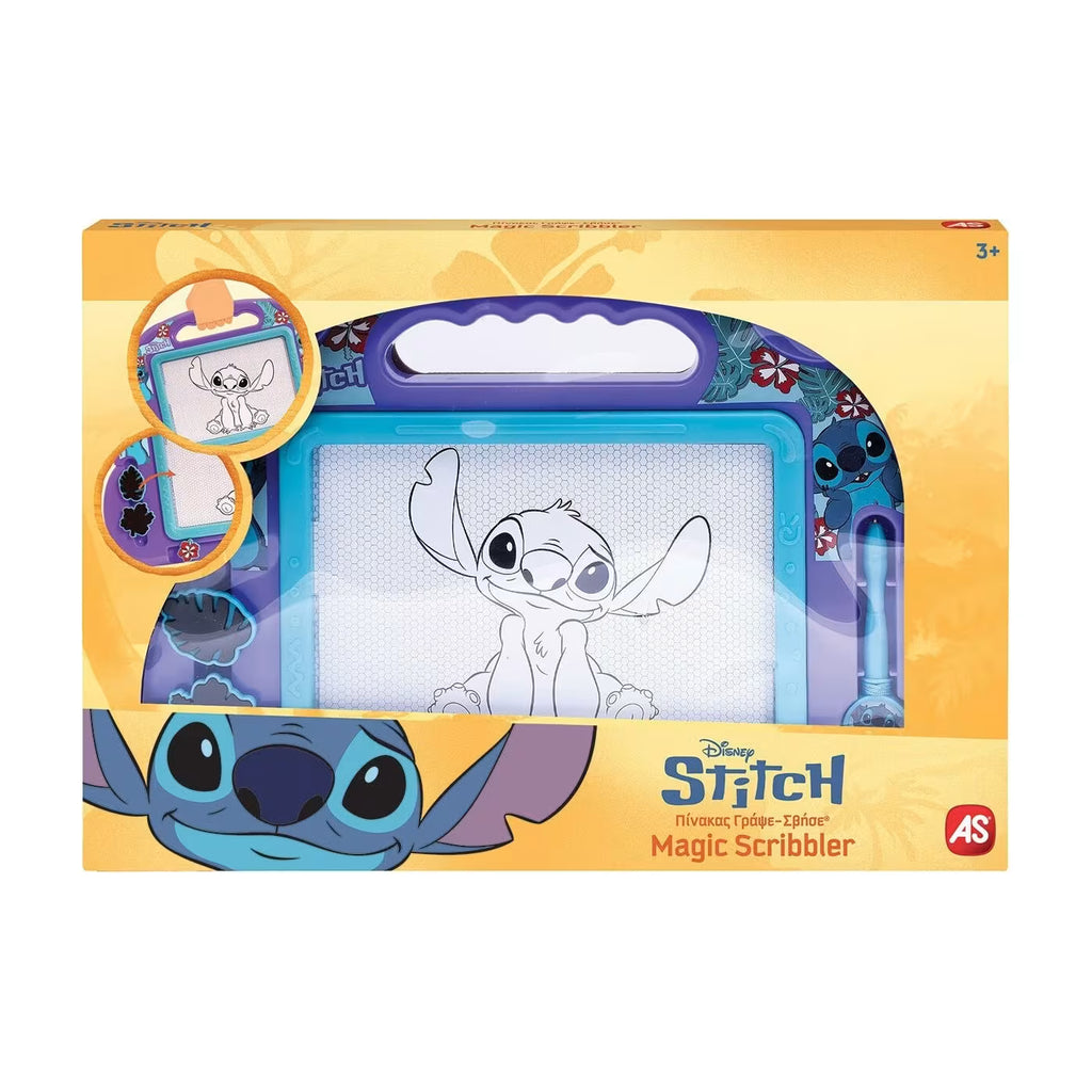 Embalagem do Quadro Magnético com Carimbos do Stitch, com o desenho do personagem em destaque e indicação de idade 3+.