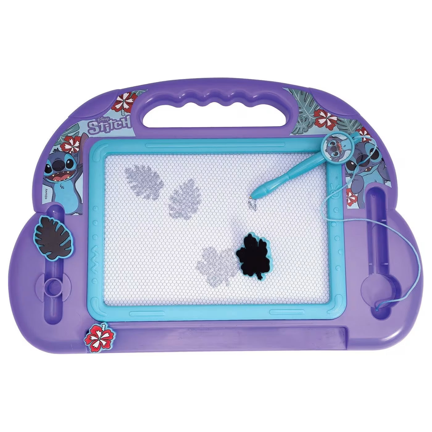Quadro magnético roxo do Stitch com caneta e carimbos de folha magnéticos, mostrando o efeito de apagamento parcial. (Repetição da Imagem 1)