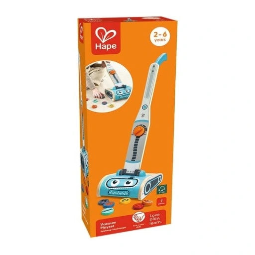 Aspirador robô de brincar da Hape em caixa laranja, indicado para crianças dos 2 aos 6 anos.