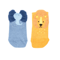 Pack de 2 pares de meias Attipas ATTISOCKS, uma azul com padrão de dinossauro e outra cinzenta com padrão de urso, destacando a sola antiderrapante.