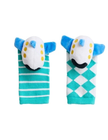 Par de meias Attipas com cabeça de animal 3D branca e azul, uma com riscas turquesa e outra com padrão de losangos.