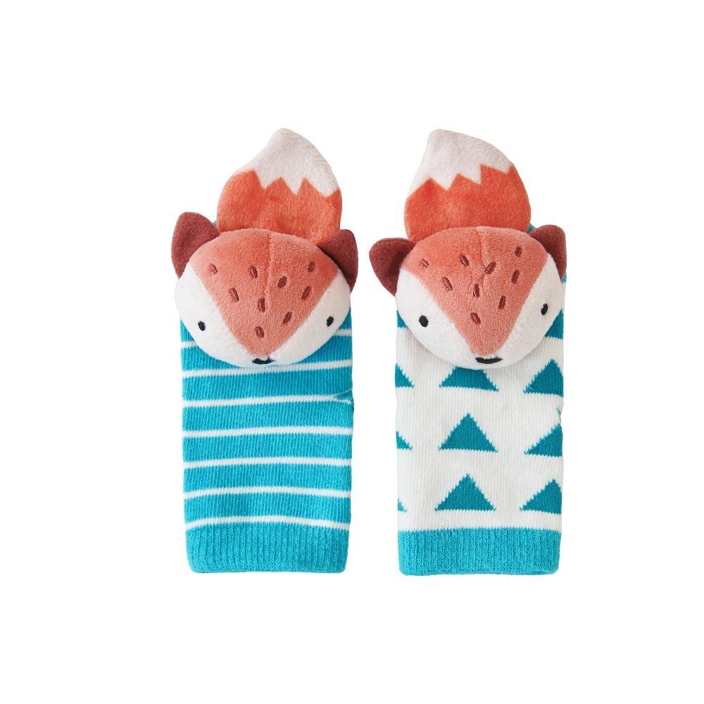 Close-up das meias Attipas de raposa, mostrando o detalhe da cabeça 3D e os padrões de riscas e triângulos em tons de azul.