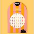 Embalagem dos autocolantes OMY Nail Art 'Yummy' com desenhos de comida sobre fundo listrado rosa e amarelo.
