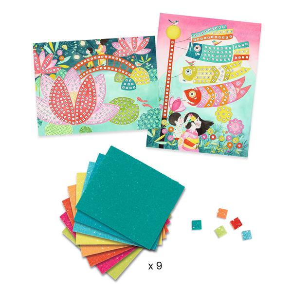 Conteúdo completo do kit Avenir Mosaicos Kyoto: cartões, folhas de espuma adesiva colorida e instruções, prontos para usar.