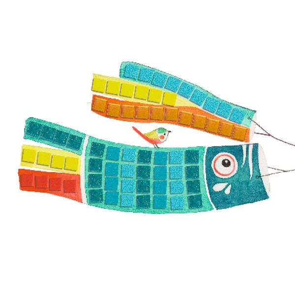 Criança (5-8 anos) a aplicar com precisão um pequeno quadrado de mosaico de espuma num cartão ilustrado de tema japonês.