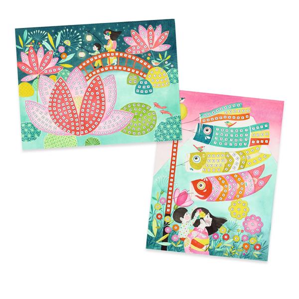 Exemplos de cartões ilustrados finalizados com mosaicos de espuma, exibindo cenas serenas de pontes e paisagens de Kyoto.