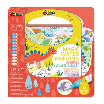 Embalagem do kit Avenir "Magic Water Painting" com tema Dinossauros, destacando a atividade 3 em 1 e a caneta sem sujidade.