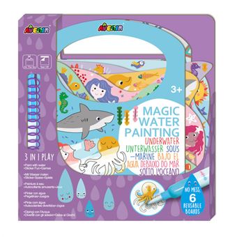 Embalagem do kit Avenir "Magic Water Painting" com tema Submarino/Mar, mostrando a pintura com água e autocolantes reposicionáveis.