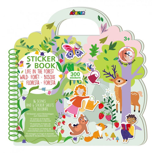 Capa do livro de autocolantes Avenir "Life in the Forest", mostrando 300 autocolantes reposicionáveis, cenários pop-up e personagens da floresta.