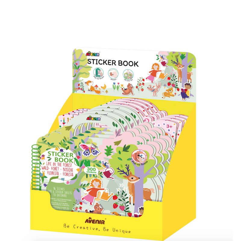 Exposição de venda com vários livros de autocolantes reposicionáveis Avenir "Life in the Forest", destacando a pega e o tema.