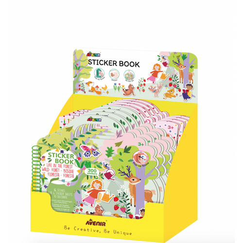 Exposição de venda com vários livros de autocolantes reposicionáveis Avenir "Life in the Forest", destacando a pega e o tema.