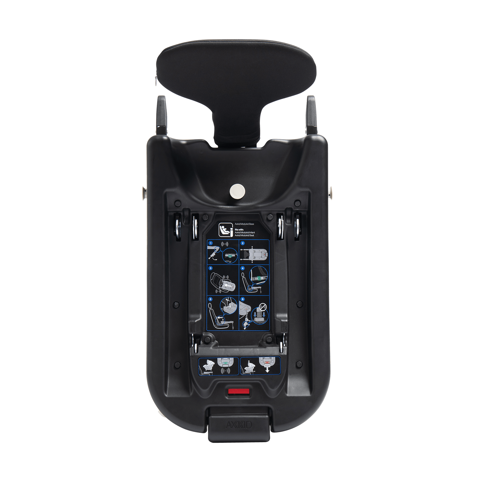Verso da base isofix Axkid Modukid, mostrando o apoio de cabeça e os pictogramas de instalação ISOFIX e compatibilidade com cadeiras auto.