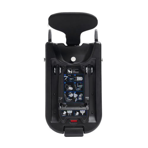 Verso da base isofix Axkid Modukid, mostrando o apoio de cabeça e os pictogramas de instalação ISOFIX e compatibilidade com cadeiras auto.
