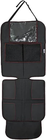 Capa protetora de banco Axkid preta, vista frontal, mostrando o bolso de arrumação superior com janela transparente e a secção inferior de proteção do assento.