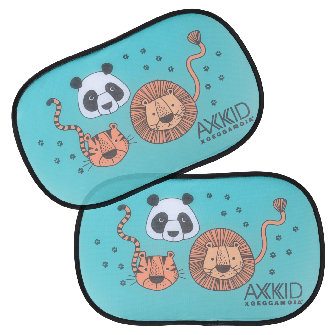 Par de cortinas protetoras solares Axkid Wildlife para carro, cor turquesa, com ilustrações de panda, leão e tigre.