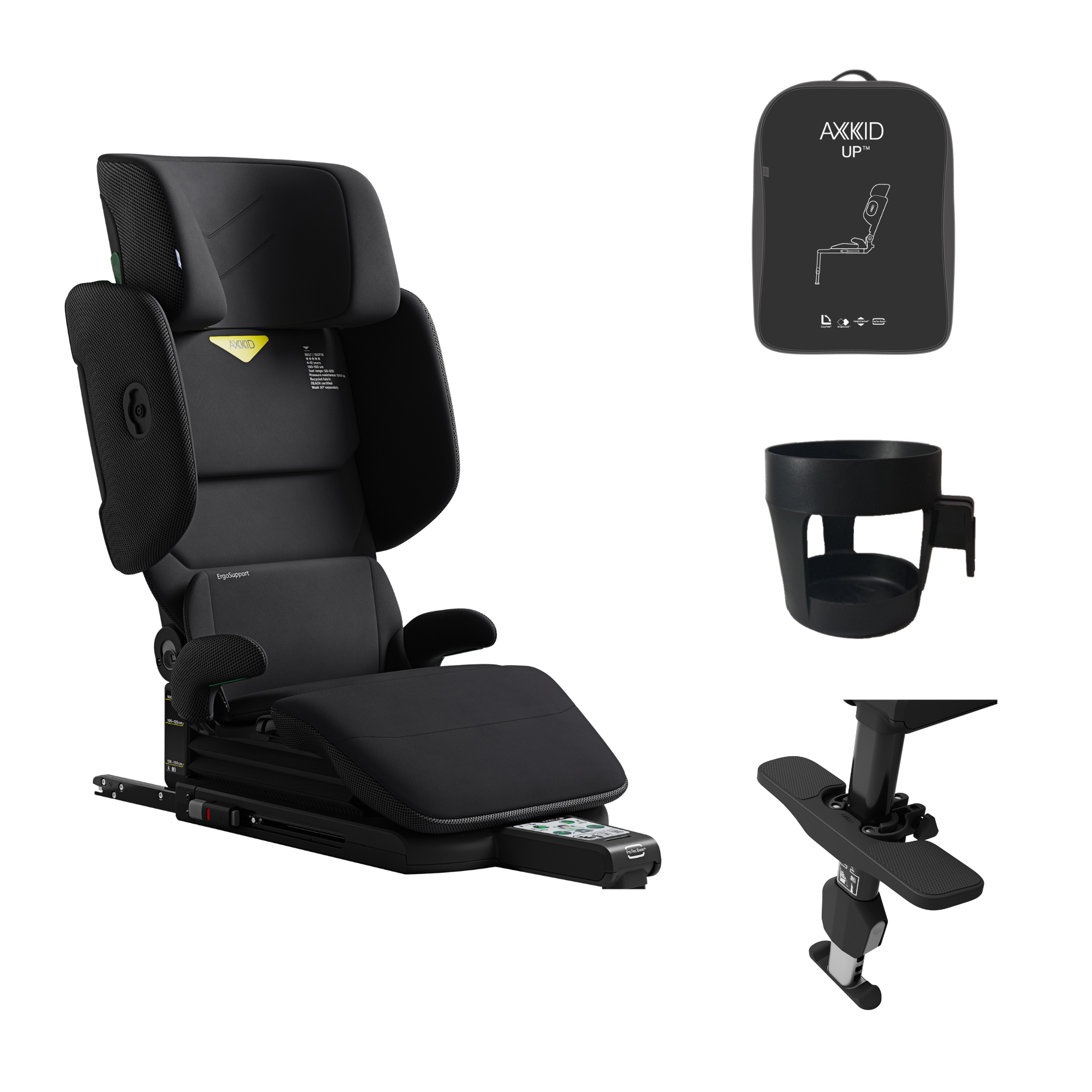 Imagem geral mostrando a cadeira auto Axkid UP, o apoio de pés ajustável, o saco de transporte preto e o porta-copos, todos em fundo branco.